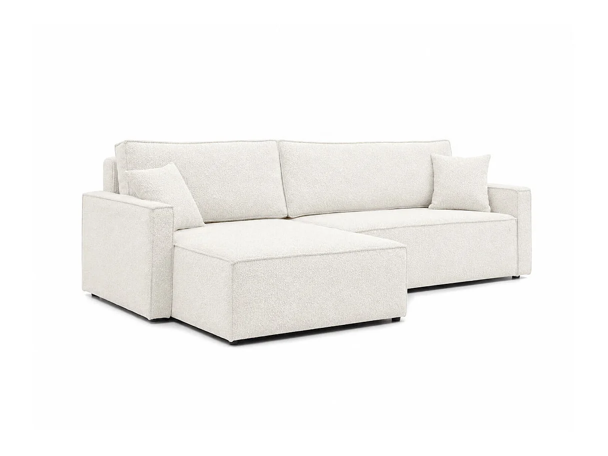 Canapé d'angle max réversible FARAH convertible 5p avec coffre en tissu bouclette généreuse blanc