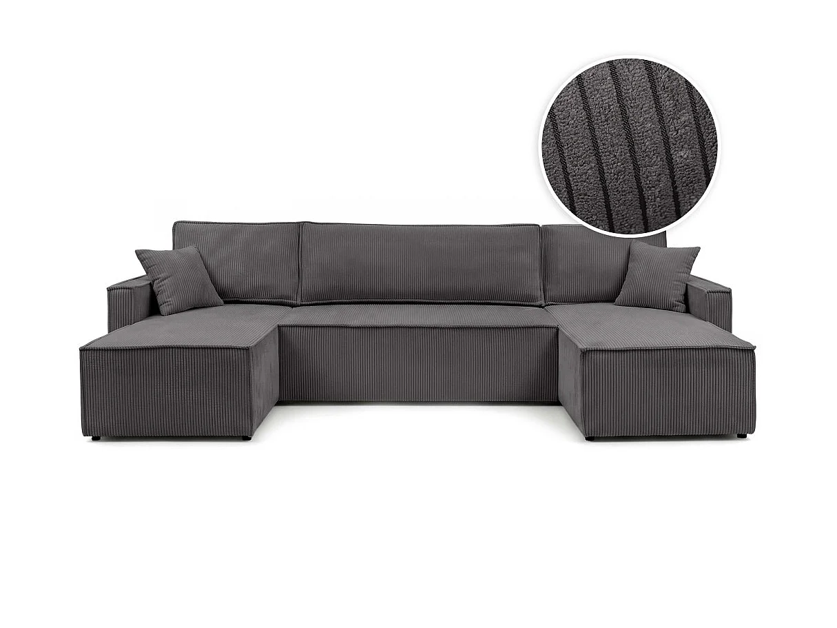 Canapé panoramique FARAH convertible 6 places avec coffre en velours côtelé - Gris anthracite