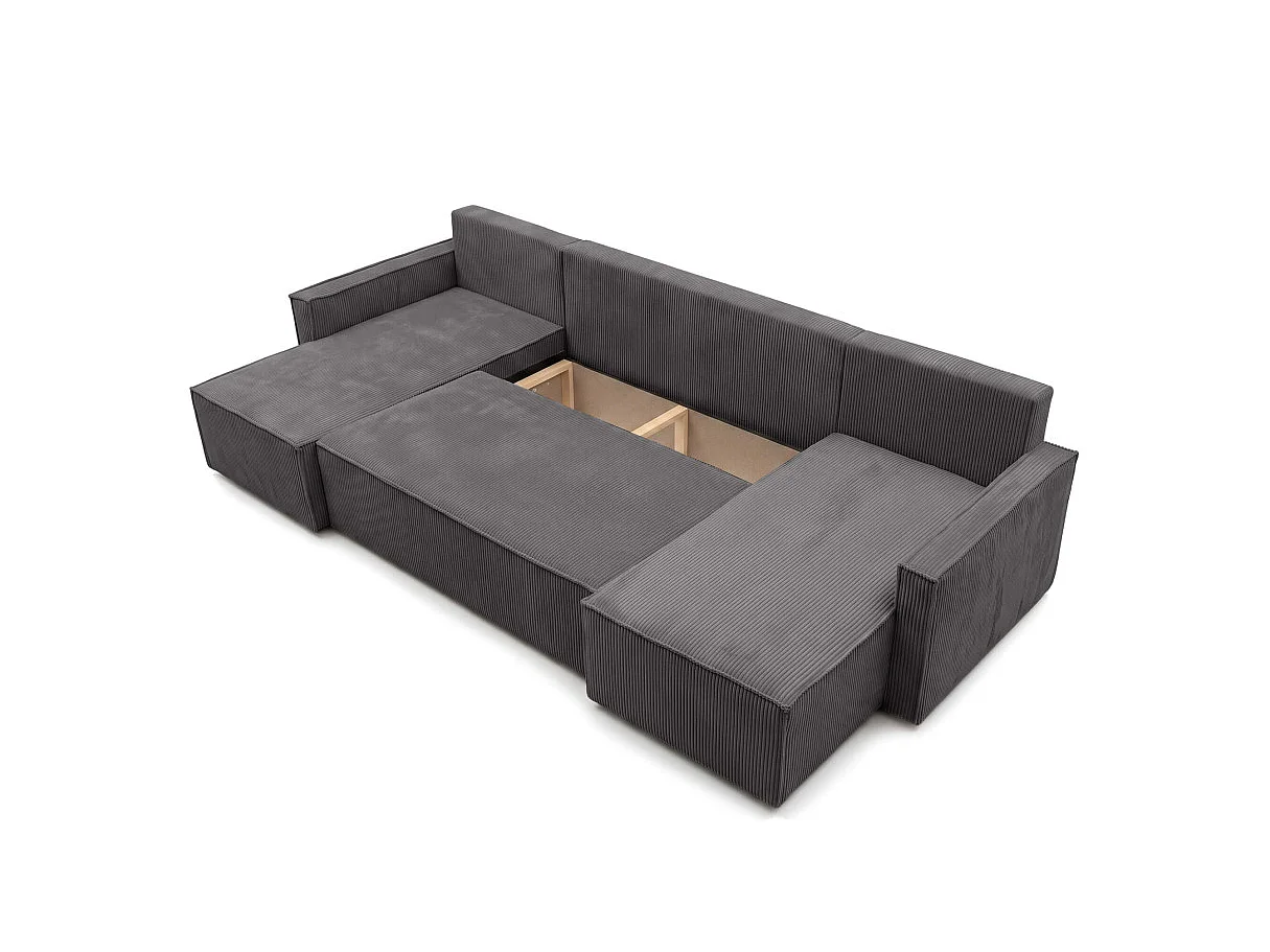 Canapé panoramique FARAH convertible 6 places avec coffre en velours côtelé - Gris anthracite