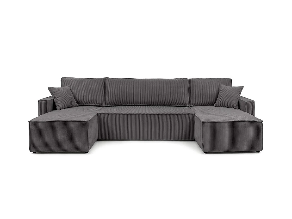 Canapé panoramique FARAH convertible 6 places avec coffre en velours côtelé - Gris anthracite