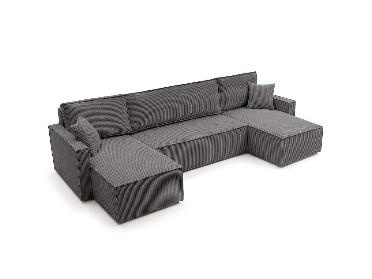 Canapé panoramique FARAH convertible 6 places avec coffre en velours côtelé - Gris anthracite