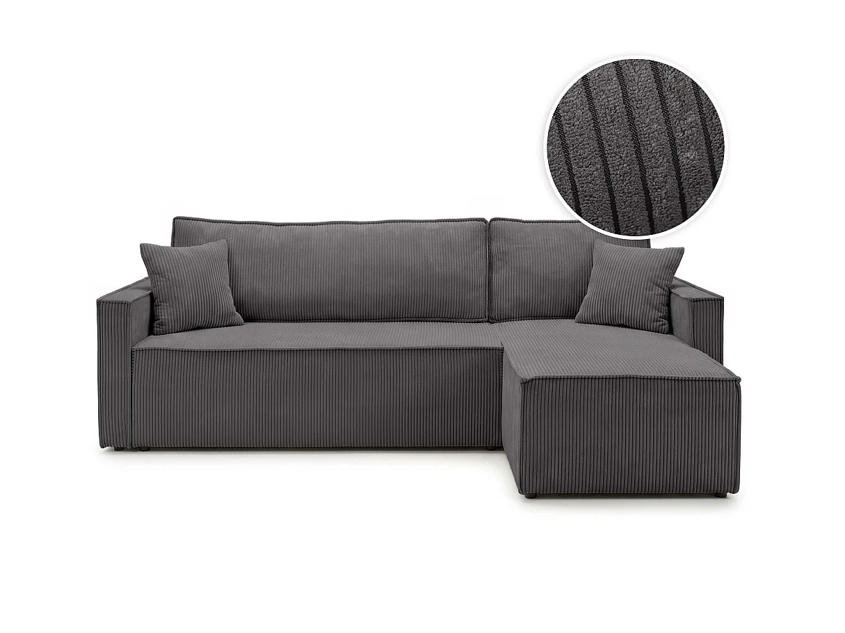 Canapé dangle réversible convertible 4 places FARAH avec coffre en velours côtelé - Gris anthracite