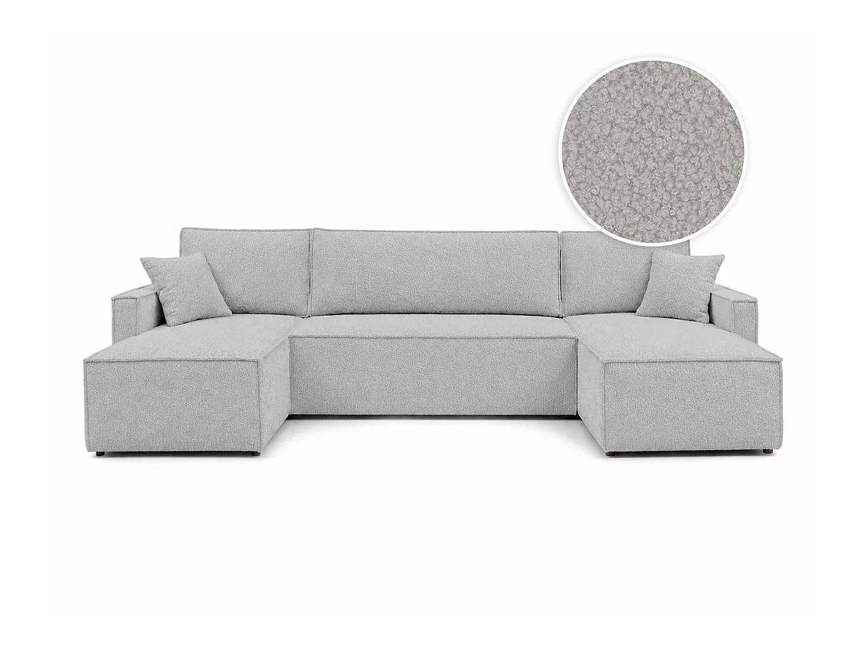 Canapé dangle panoramique 6 places FARAH convertible avec rangement en tissu bouclette gris clair