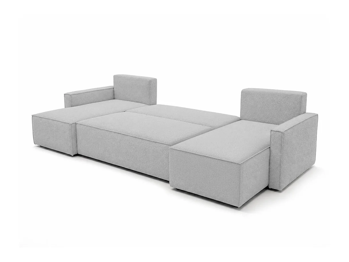 Canapé dangle panoramique 6 places FARAH convertible avec rangement en tissu bouclette gris clair