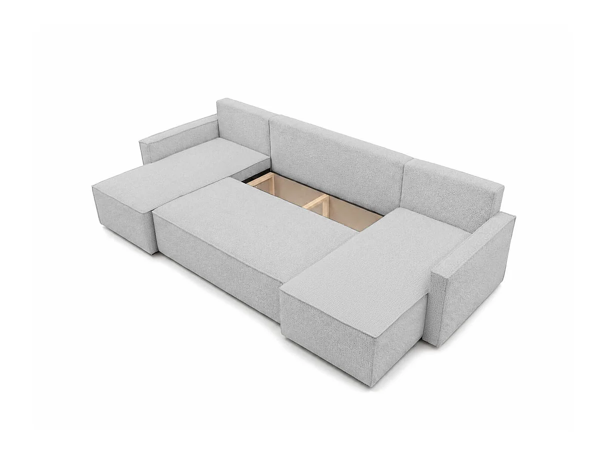 Canapé dangle panoramique 6 places FARAH convertible avec rangement en tissu bouclette gris clair