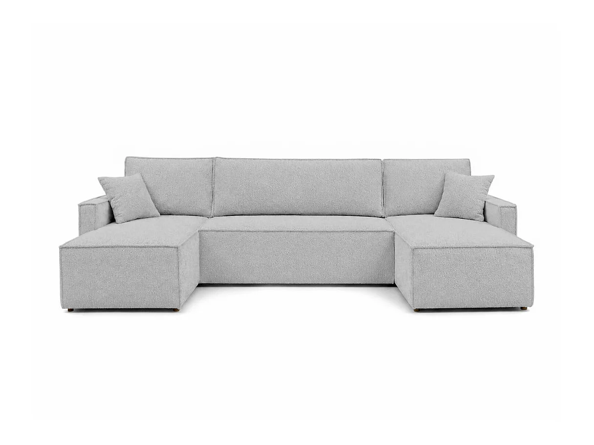 Canapé dangle panoramique 6 places FARAH convertible avec rangement en tissu bouclette gris clair