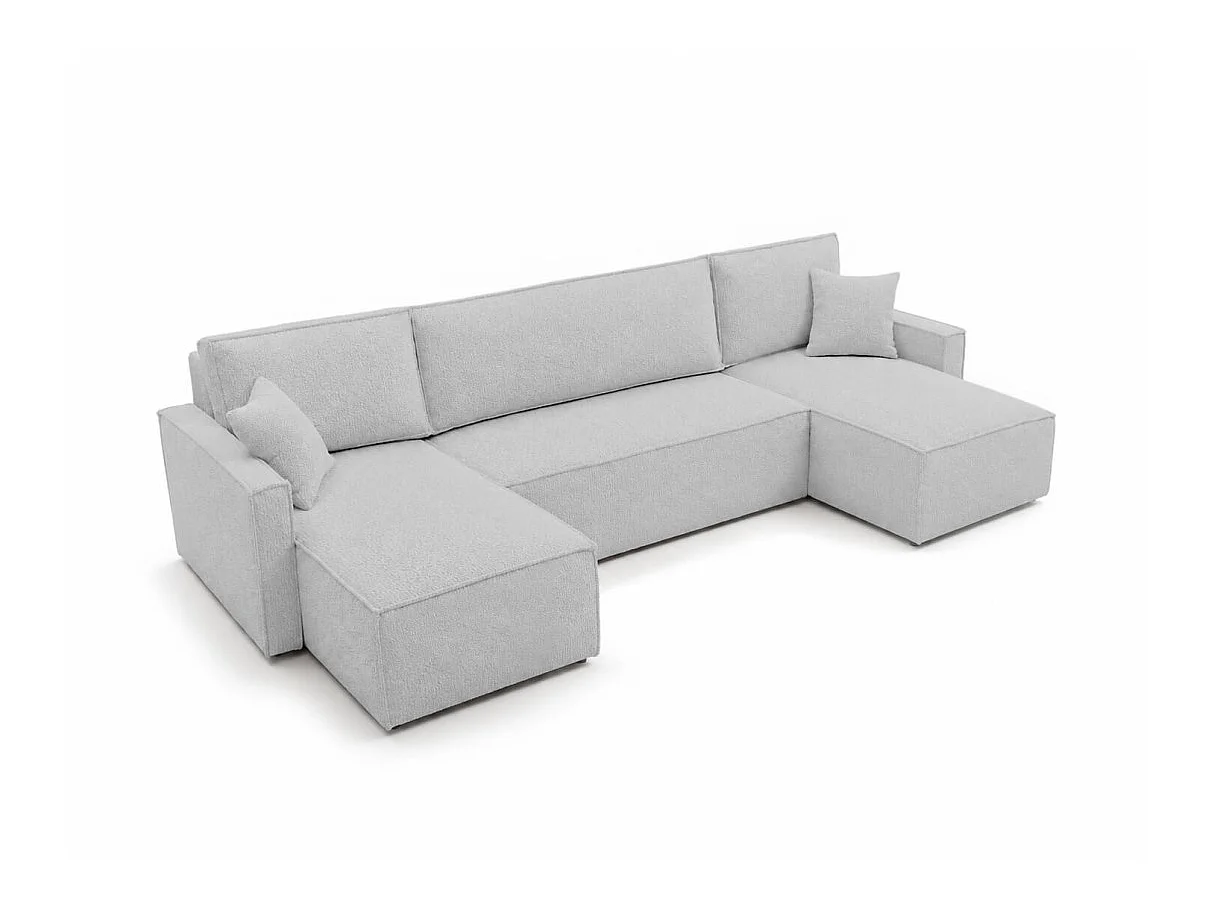 Canapé dangle panoramique 6 places FARAH convertible avec rangement en tissu bouclette gris clair