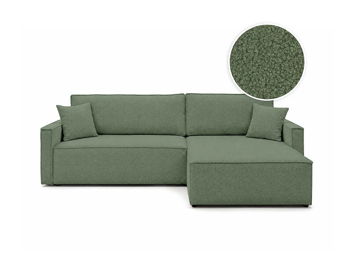 Canapé d'angle max réversible FARAH convertible 5p avec coffre en tissu bouclette généreuse vert