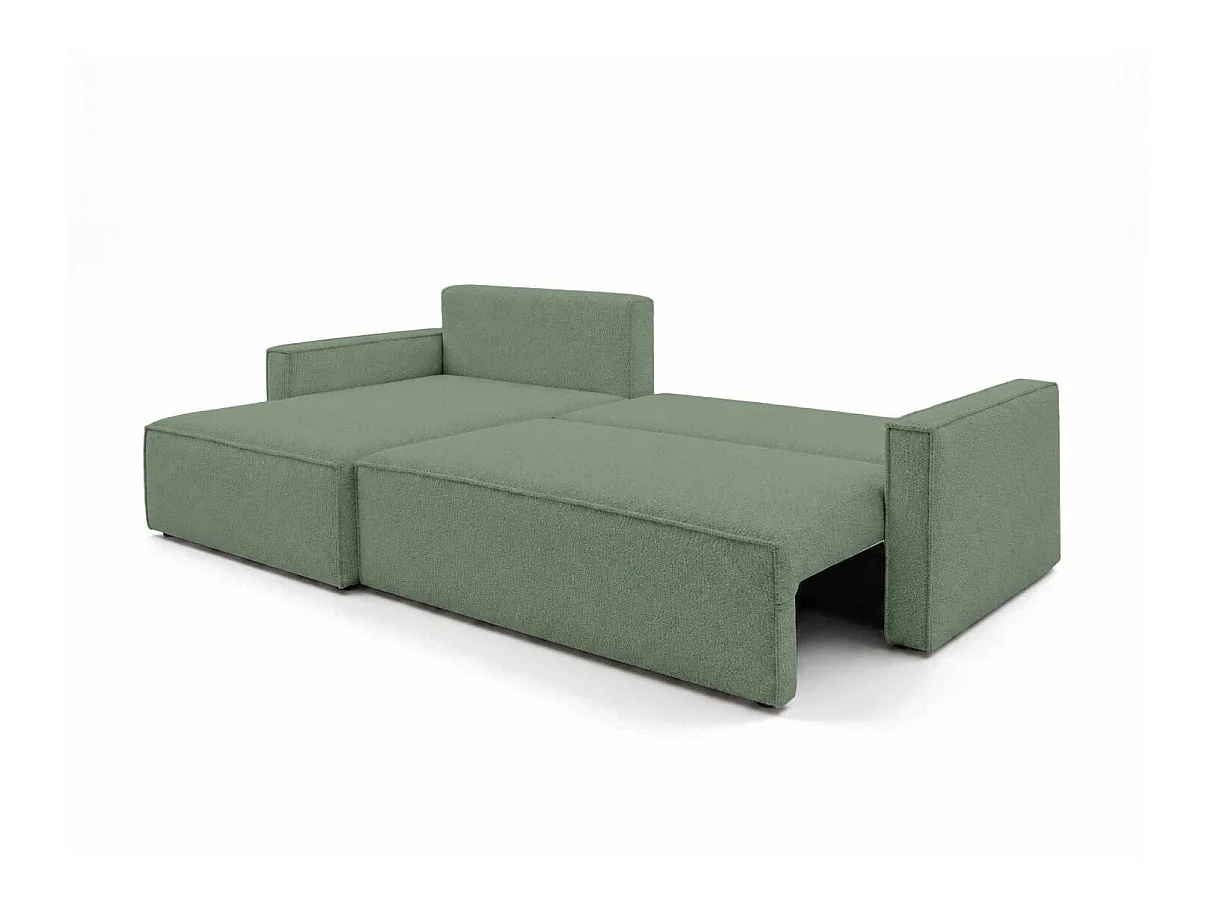 Canapé d'angle max réversible FARAH convertible 5p avec coffre en tissu bouclette généreuse vert