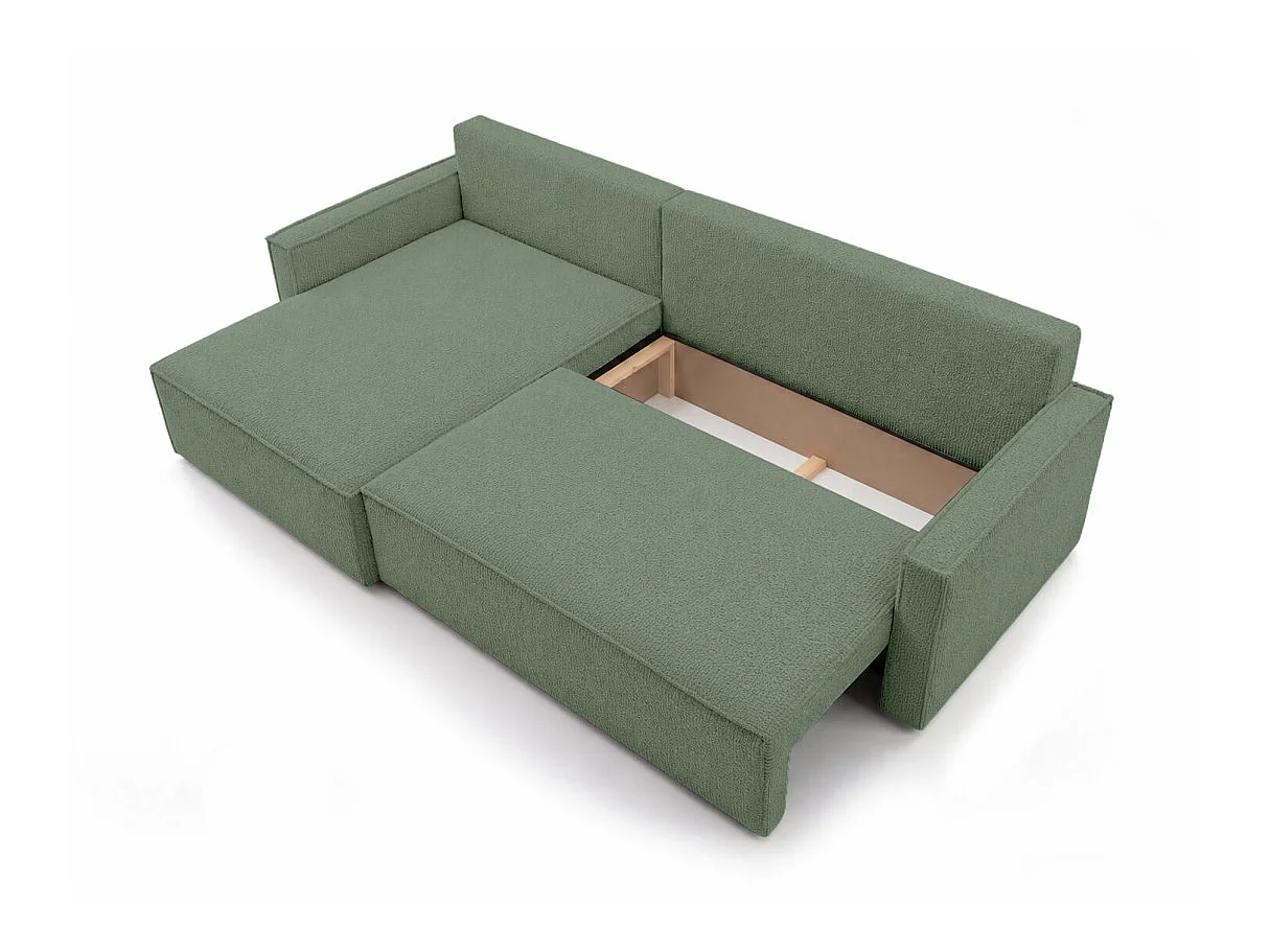 Canapé d'angle max réversible FARAH convertible 5p avec coffre en tissu bouclette généreuse vert