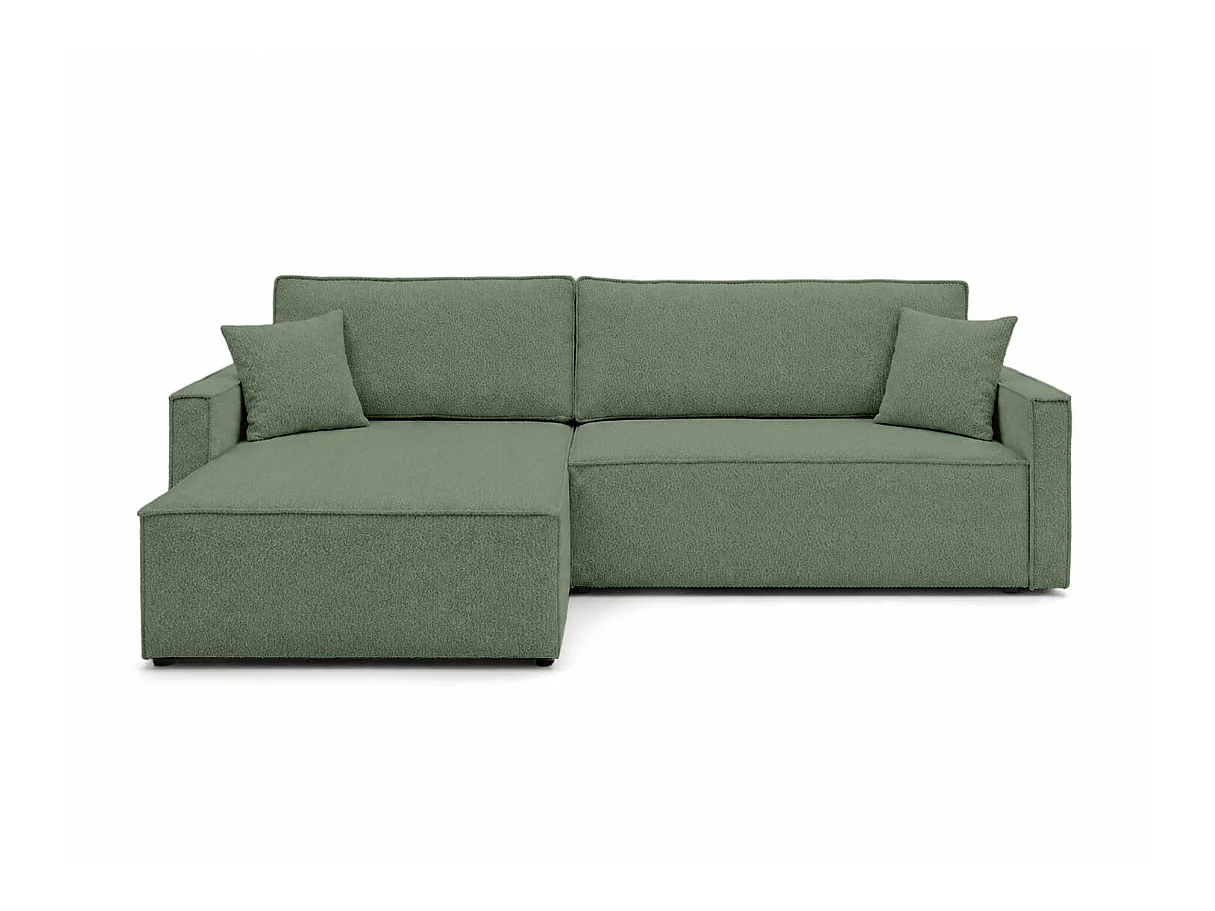 Canapé d'angle max réversible FARAH convertible 5p avec coffre en tissu bouclette généreuse vert