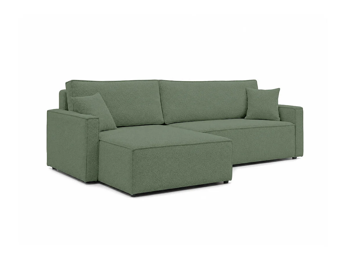 Canapé d'angle max réversible FARAH convertible 5p avec coffre en tissu bouclette généreuse vert