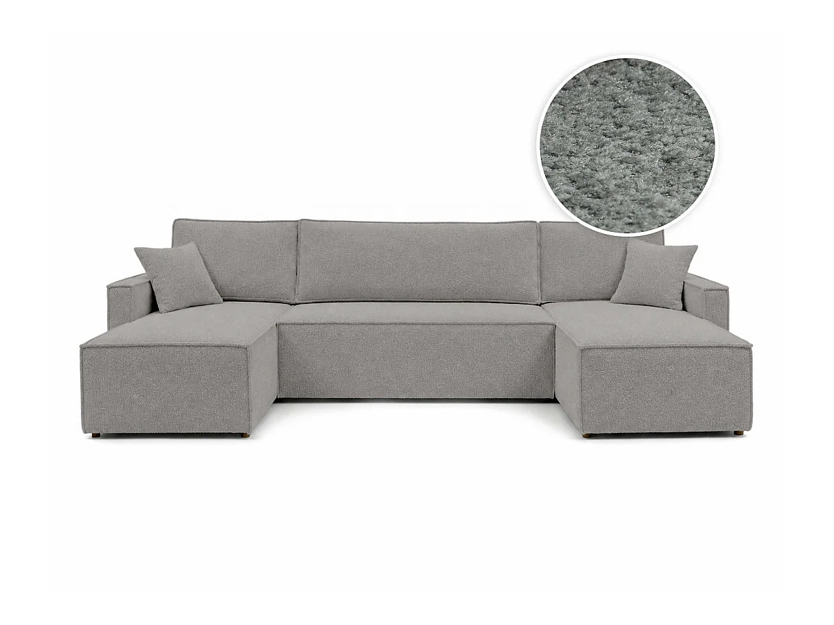 Canapé panoramique FARAH convertible 6 places avec rangement en tissu bouclette texturé gris clair