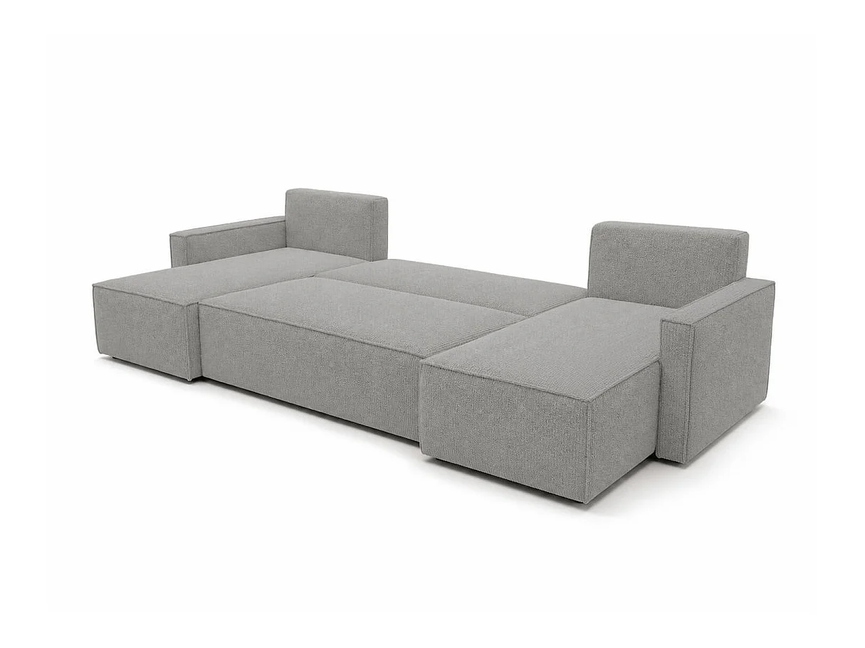 Canapé panoramique FARAH convertible 6 places avec rangement en tissu bouclette texturé gris clair