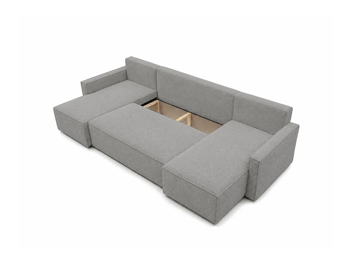 Canapé panoramique FARAH convertible 6 places avec rangement en tissu bouclette texturé gris clair