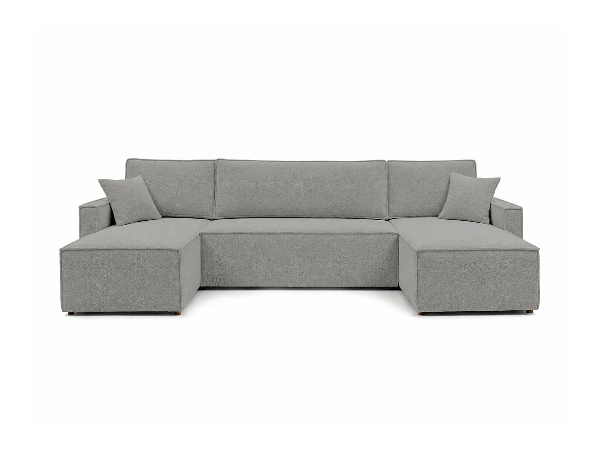 Canapé panoramique FARAH convertible 6 places avec rangement en tissu bouclette texturé gris clair