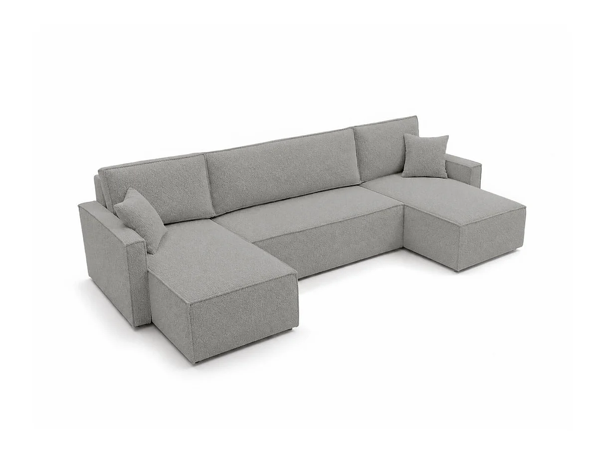 Canapé panoramique FARAH convertible 6 places avec rangement en tissu bouclette texturé gris clair