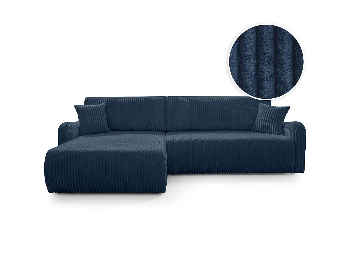 Canapé d'angle APOLINE réversible convertible avec coffre en velours côtelé - Bleu foncé