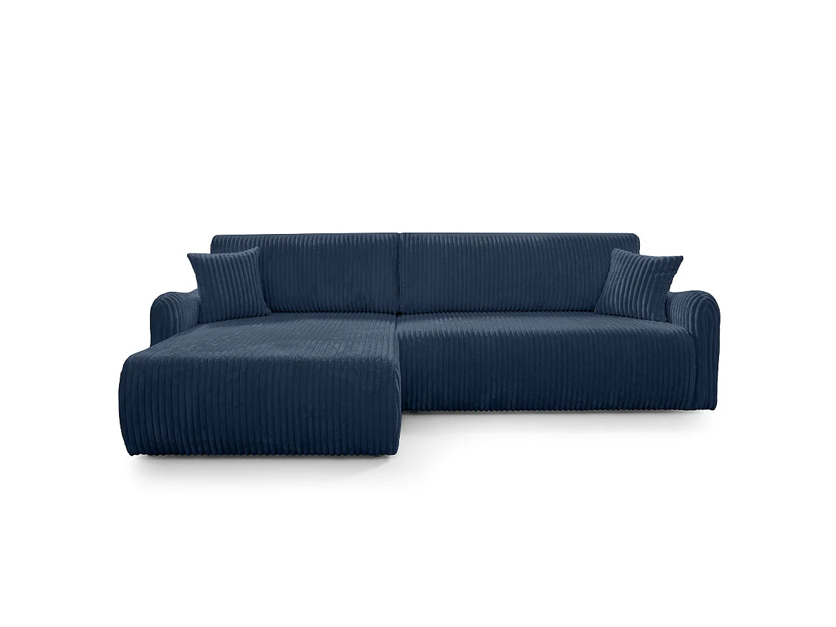Canapé d'angle APOLINE réversible convertible avec coffre en velours côtelé - Bleu foncé