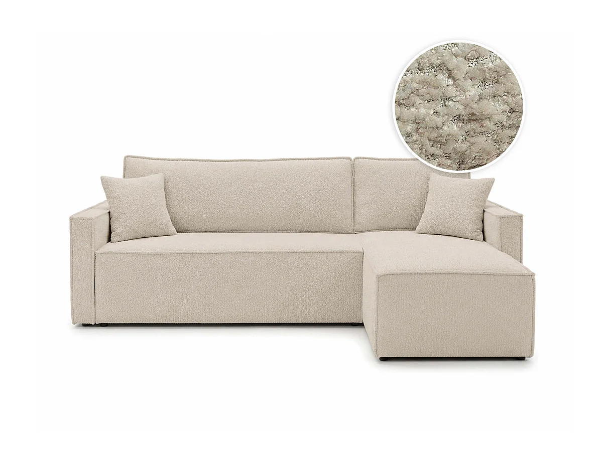 Canapé d'angle convertible 4 places FARAH réversible avec coffre en tissu bouclette texturé - Beige