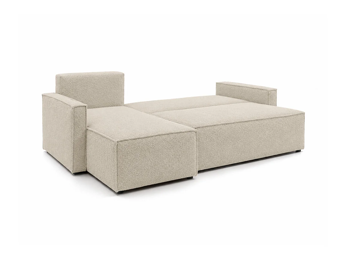 Canapé d'angle convertible 4 places FARAH réversible avec coffre en tissu bouclette texturé - Beige