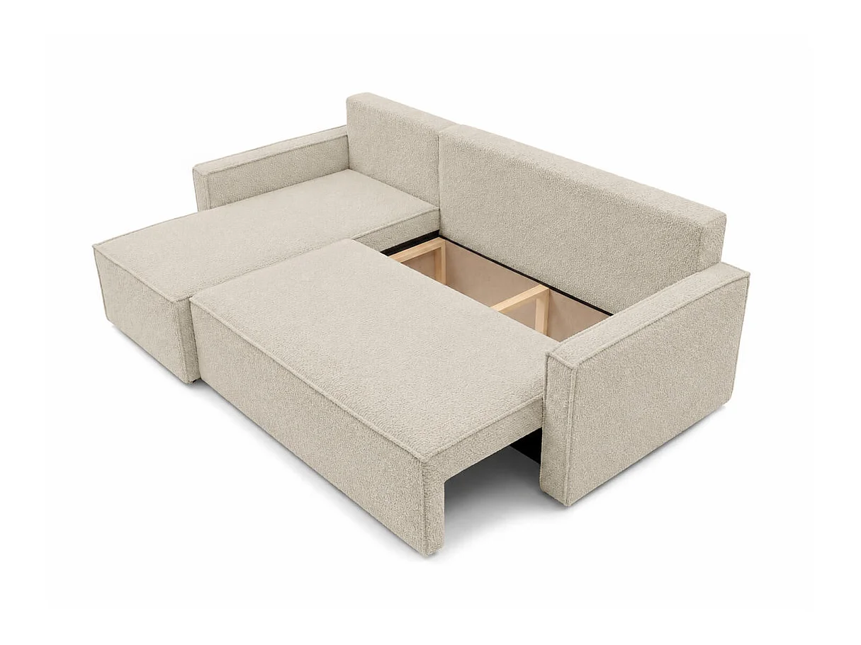 Canapé d'angle convertible 4 places FARAH réversible avec coffre en tissu bouclette texturé - Beige