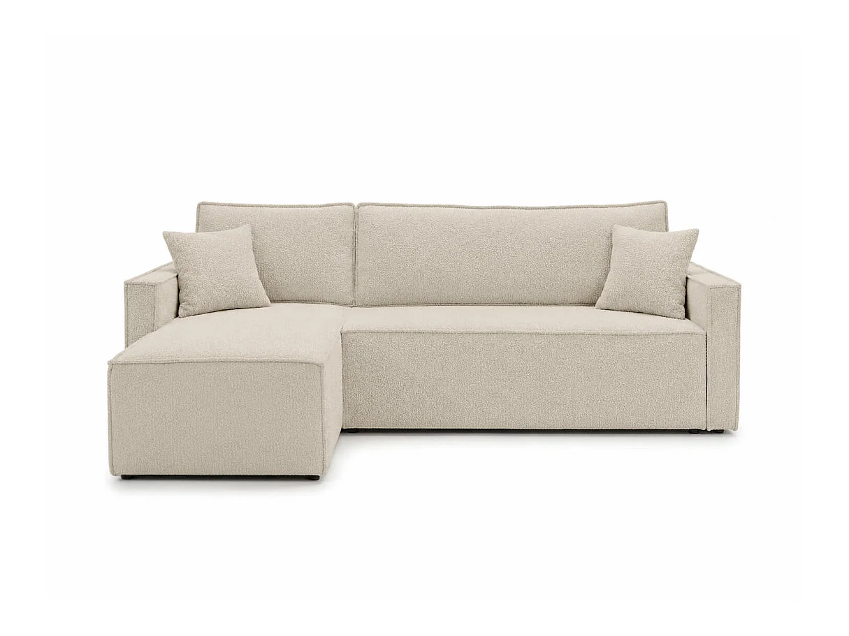 Canapé d'angle convertible 4 places FARAH réversible avec coffre en tissu bouclette texturé - Beige