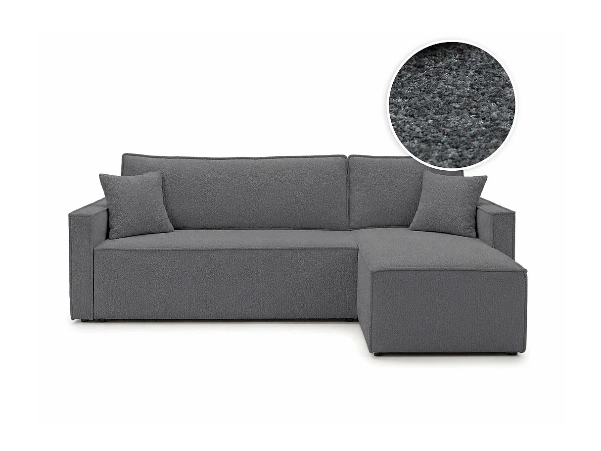 Canapé d'angle convertible 4p FARAH réversible avec coffre en tissu bouclette texturé Gris anthracite