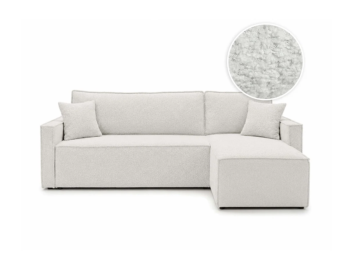 Canapé d'angle convertible 4 places FARAH réversible avec coffre en tissu bouclette texturé - Blanc