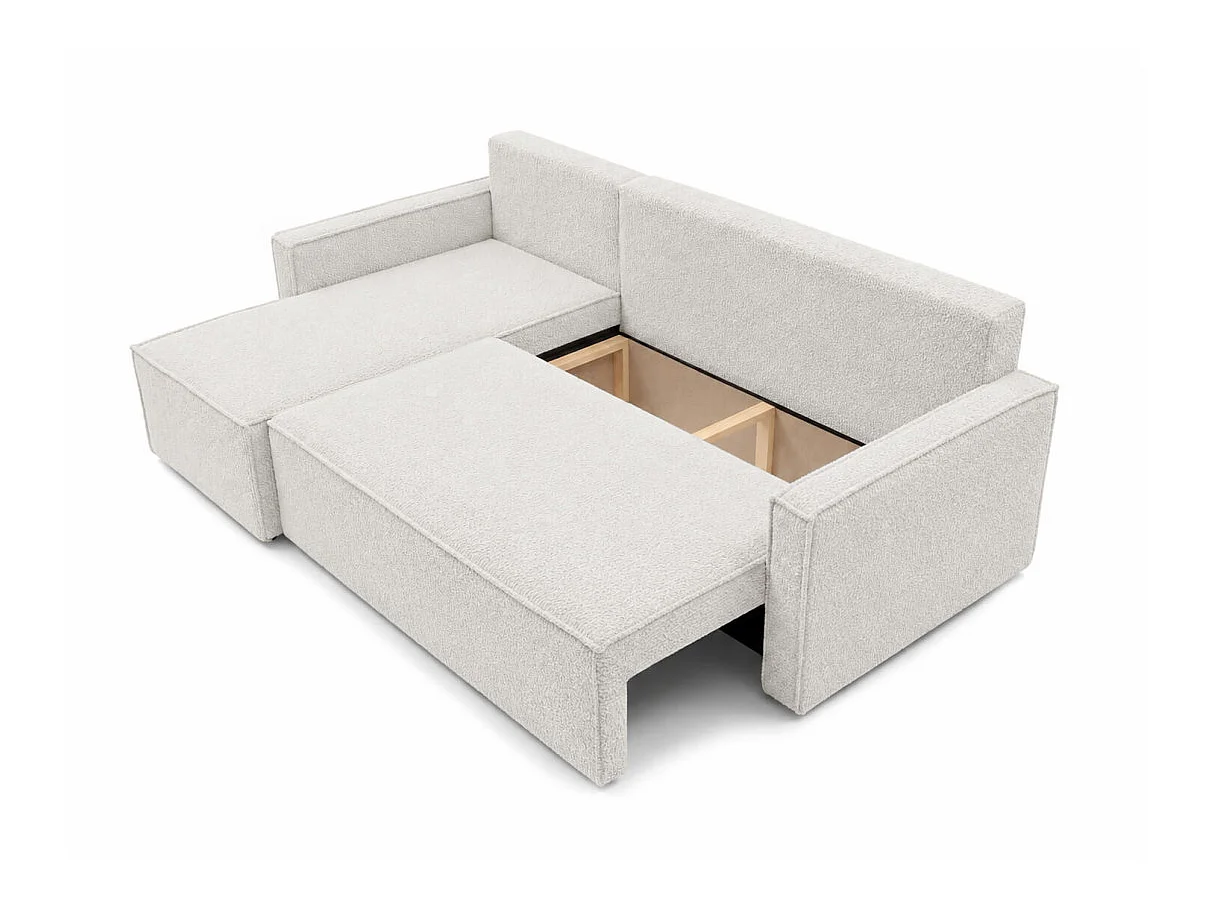 Canapé d'angle convertible 4 places FARAH réversible avec coffre en tissu bouclette texturé - Blanc
