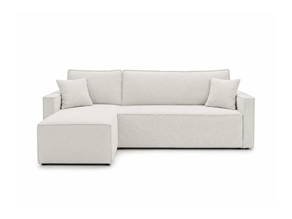 Canapé d'angle convertible 4 places FARAH réversible avec coffre en tissu bouclette texturé - Blanc