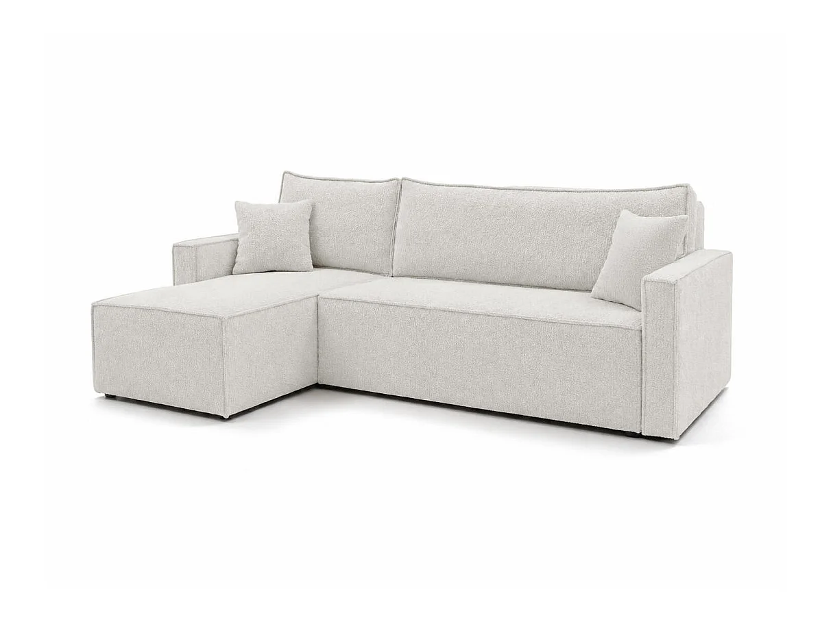 Canapé d'angle convertible 4 places FARAH réversible avec coffre en tissu bouclette texturé - Blanc