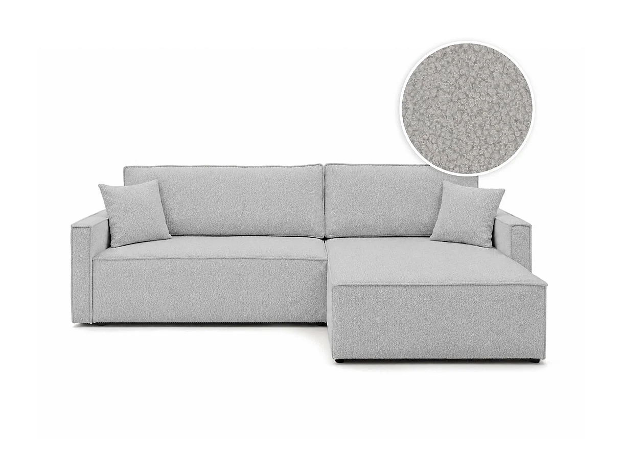 Canapé d'angle max réversible FARAH convertible 5 places avec coffre en tissu bouclette gris clair