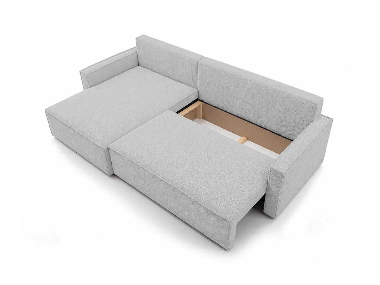 Canapé d'angle max réversible FARAH convertible 5 places avec coffre en tissu bouclette gris clair