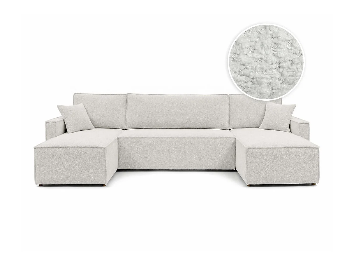 Canapé panoramique FARAH convertible 6 places avec rangement en tissu bouclette texturé - Blanc