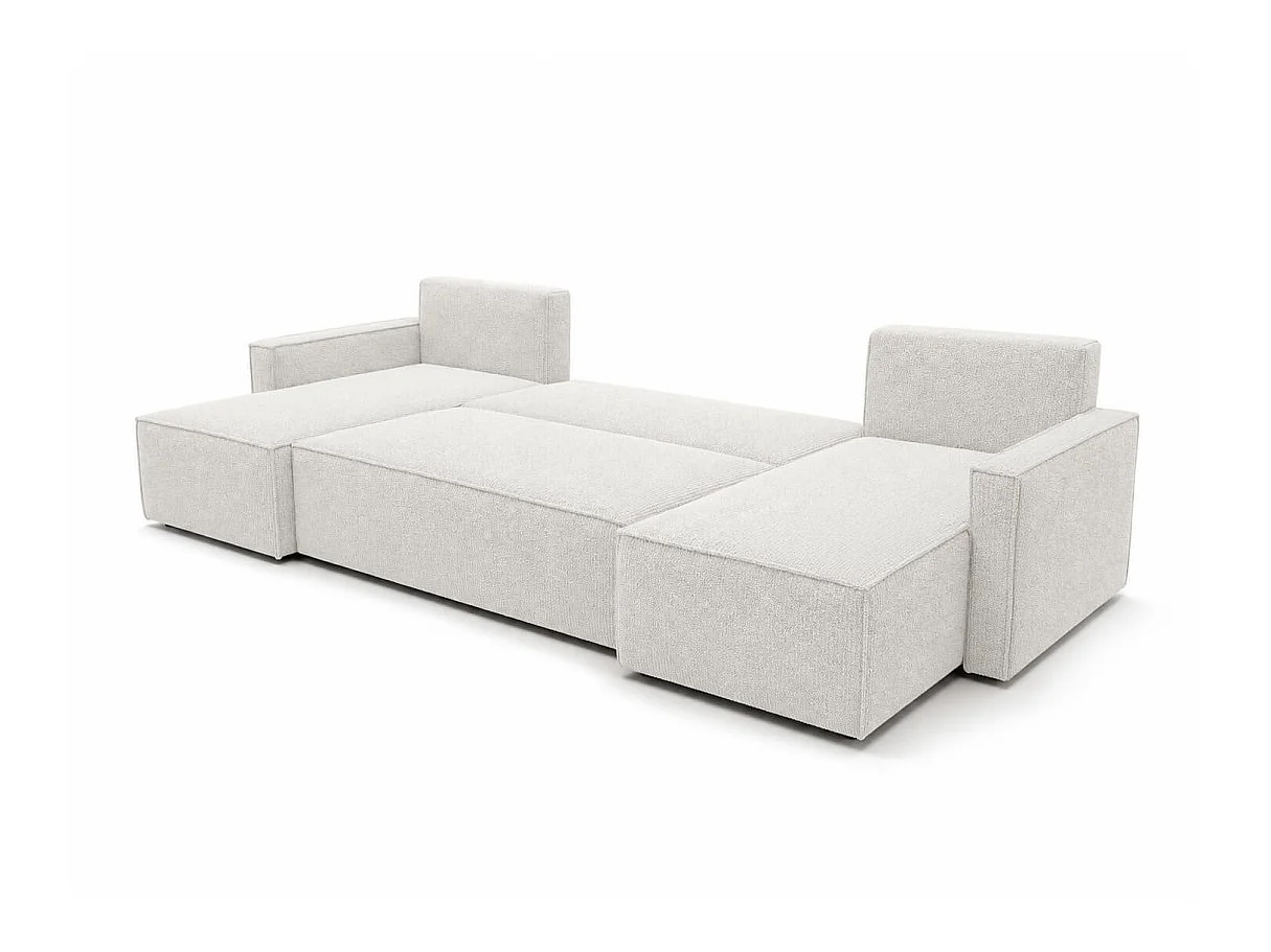 Canapé panoramique FARAH convertible 6 places avec rangement en tissu bouclette texturé - Blanc