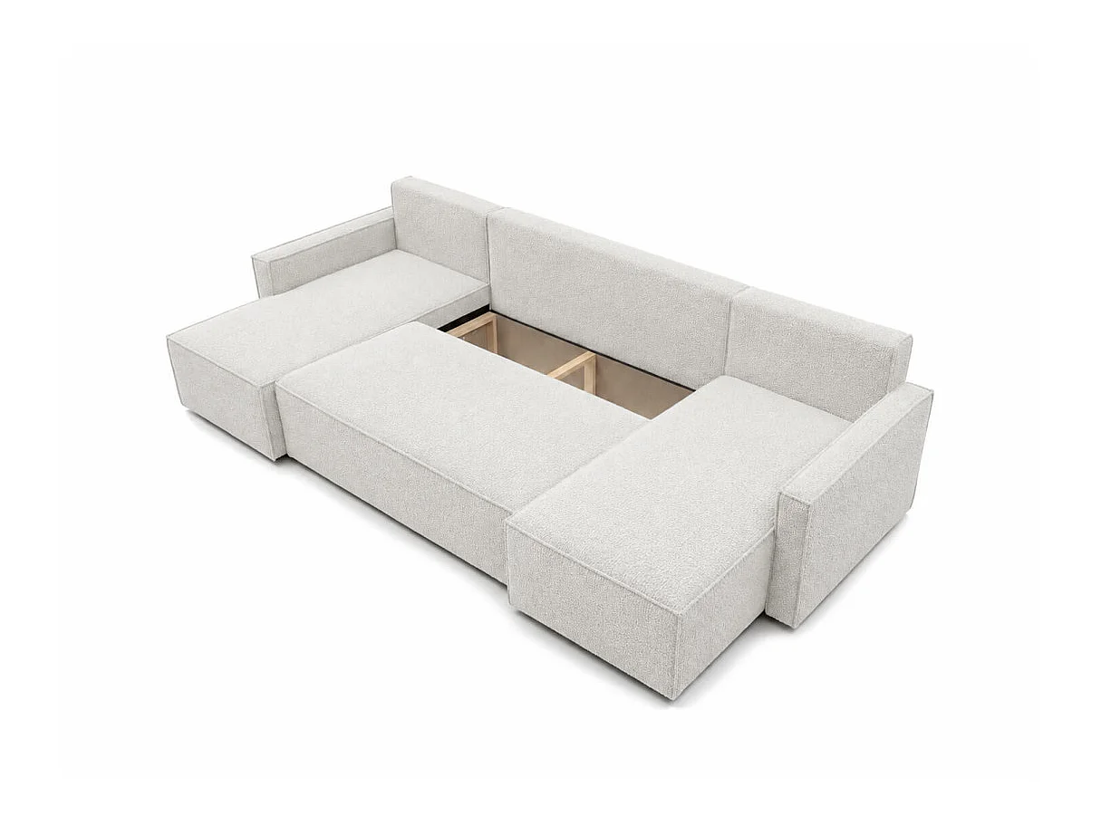 Canapé panoramique FARAH convertible 6 places avec rangement en tissu bouclette texturé - Blanc