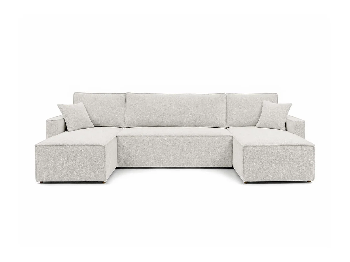 Canapé panoramique FARAH convertible 6 places avec rangement en tissu bouclette texturé - Blanc