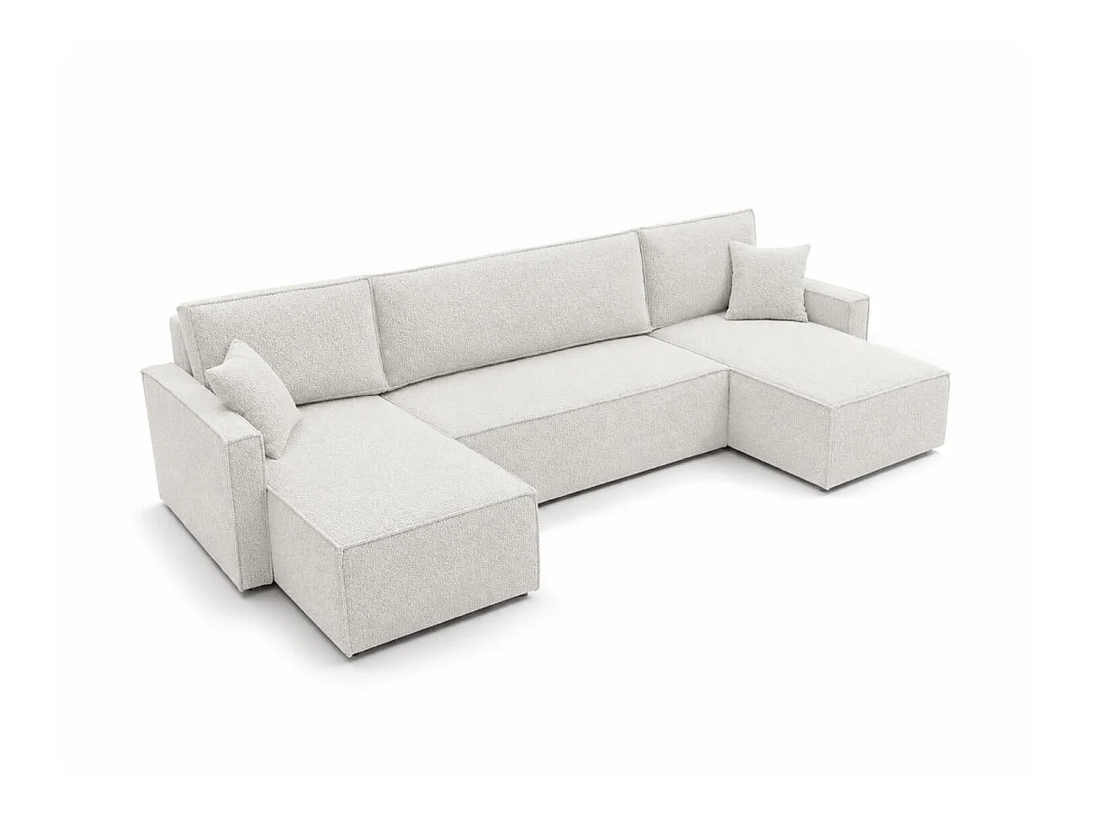Canapé panoramique FARAH convertible 6 places avec rangement en tissu bouclette texturé - Blanc