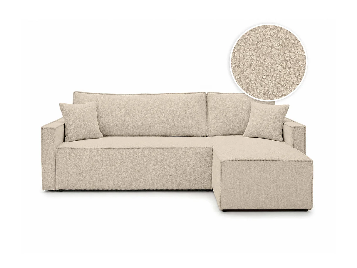 Canapé d'angle réversible convertible 4 places FARAH en tissu bouclette généreuse - Beige