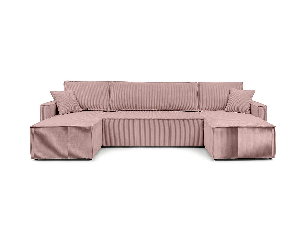 Canapé panoramique FARAH convertible 6 places avec coffre en velours côtelé - Rose