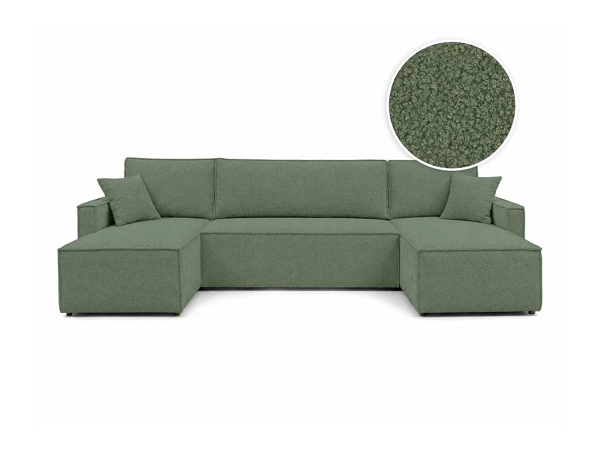 Canapé dangle panoramique 6p FARAH convertible avec rangement en tissu bouclette généreuse vert