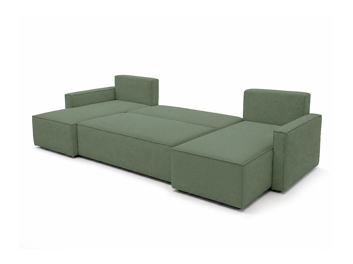 Canapé dangle panoramique 6p FARAH convertible avec rangement en tissu bouclette généreuse vert
