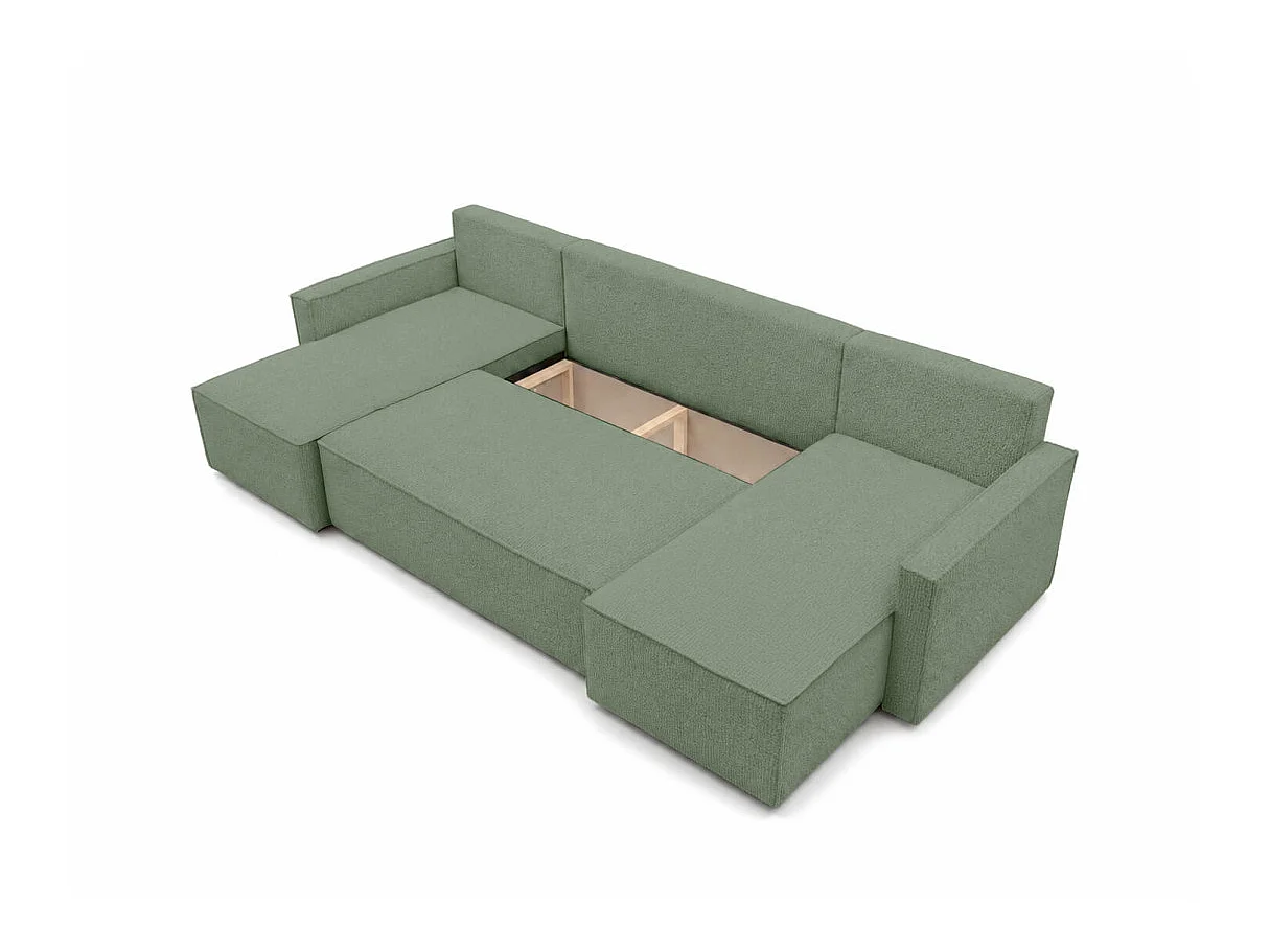 Canapé dangle panoramique 6p FARAH convertible avec rangement en tissu bouclette généreuse vert