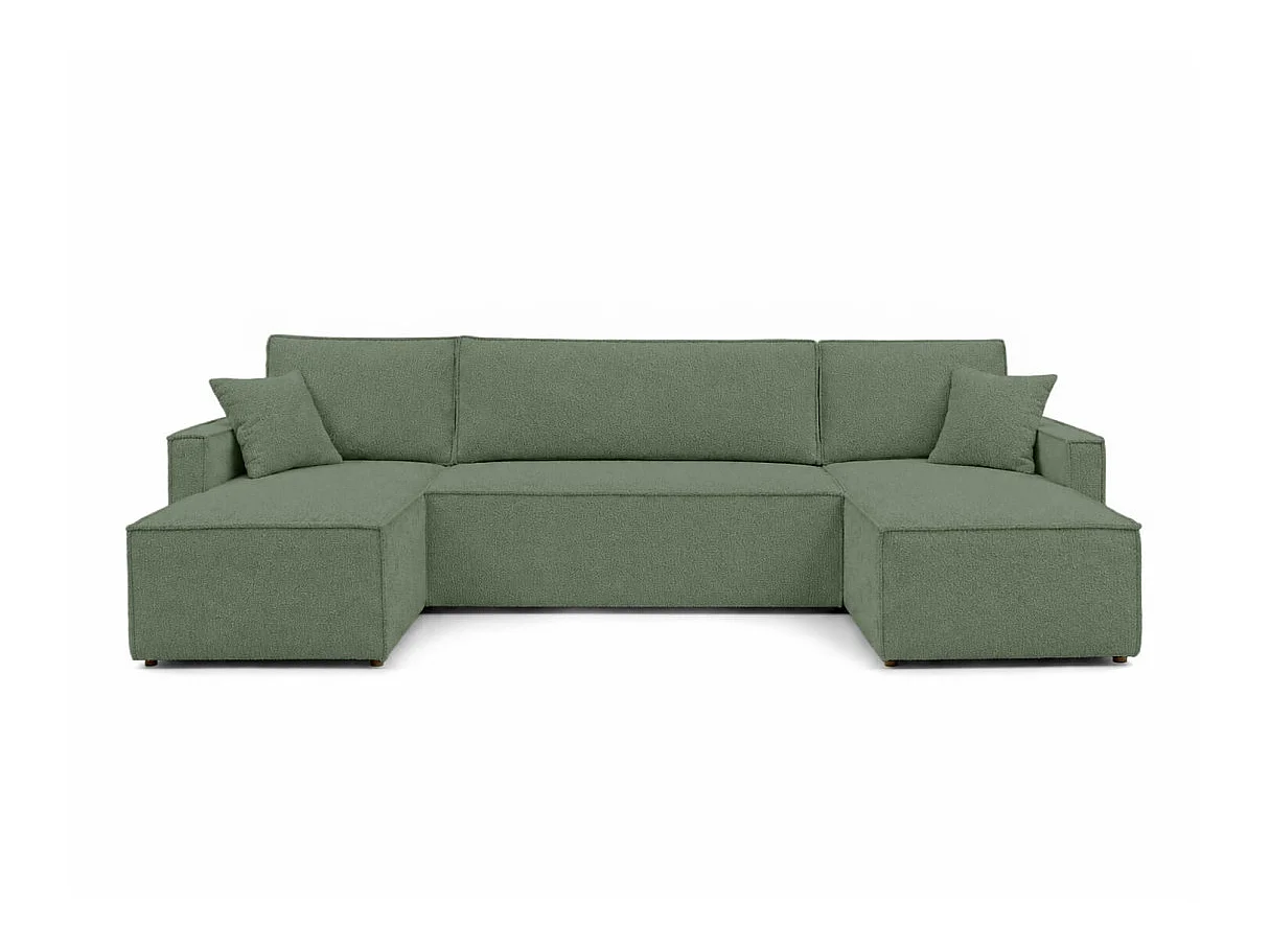 Canapé dangle panoramique 6p FARAH convertible avec rangement en tissu bouclette généreuse vert