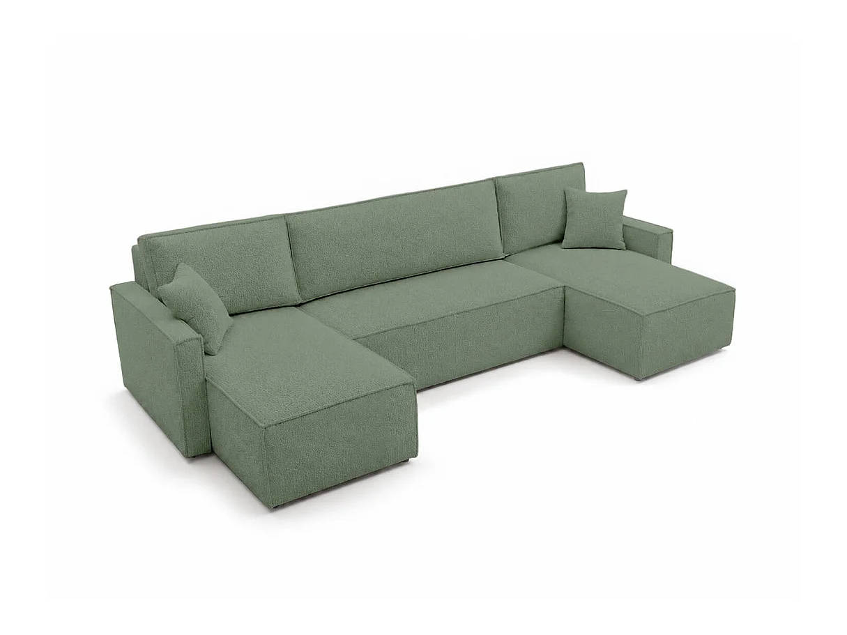 Canapé dangle panoramique 6p FARAH convertible avec rangement en tissu bouclette généreuse vert
