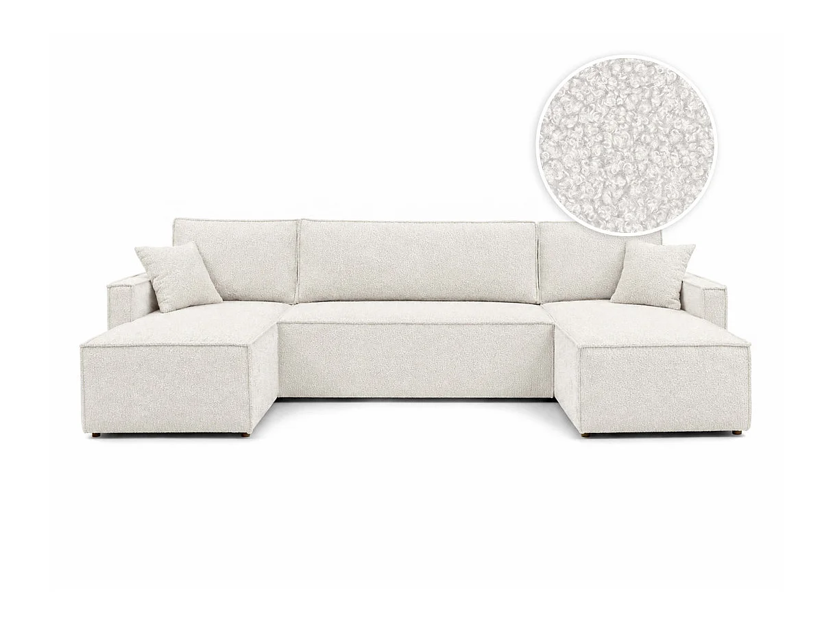 Canapé dangle panoramique 6p FARAH convertible avec rangement en tissu bouclette généreuse blanc