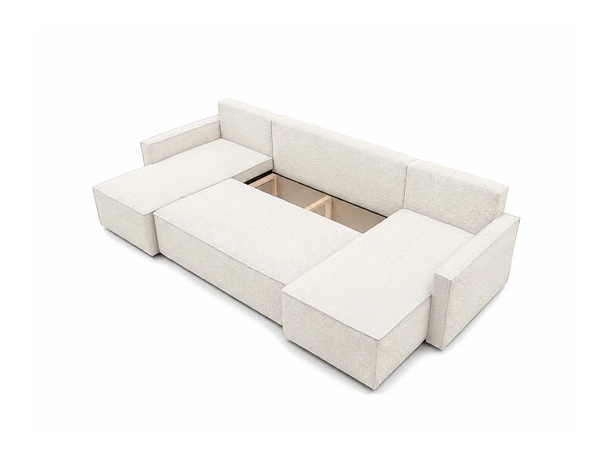Canapé dangle panoramique 6p FARAH convertible avec rangement en tissu bouclette généreuse blanc
