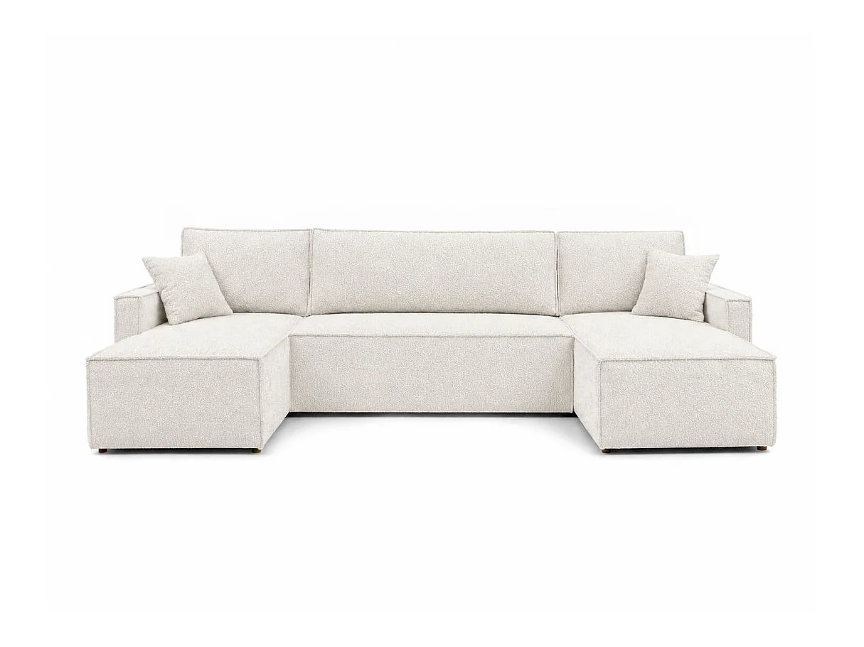 Canapé dangle panoramique 6p FARAH convertible avec rangement en tissu bouclette généreuse blanc