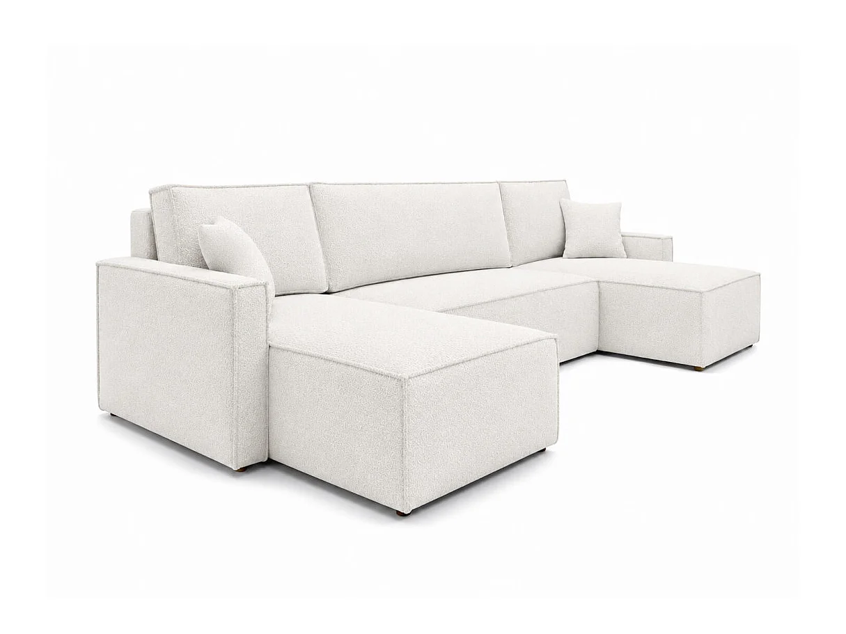 Canapé dangle panoramique 6p FARAH convertible avec rangement en tissu bouclette généreuse blanc
